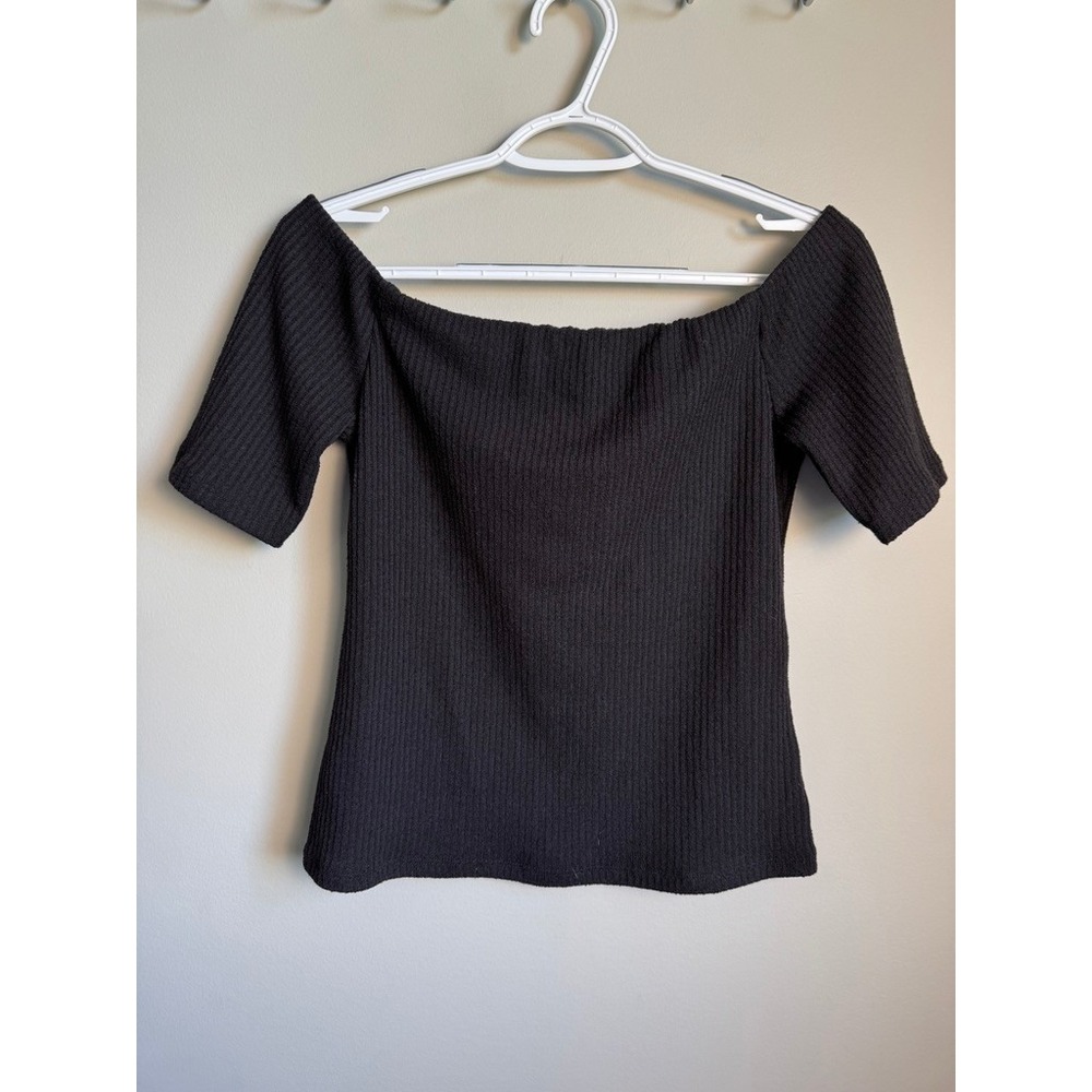 H&M Off Shoulder Ribbed Knit Top L Short Sleeve Black Minimalist Chic Coquette L